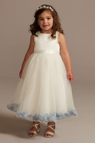 David's Bridal Satin Tulle Flower Girl Dress with Colored Petals